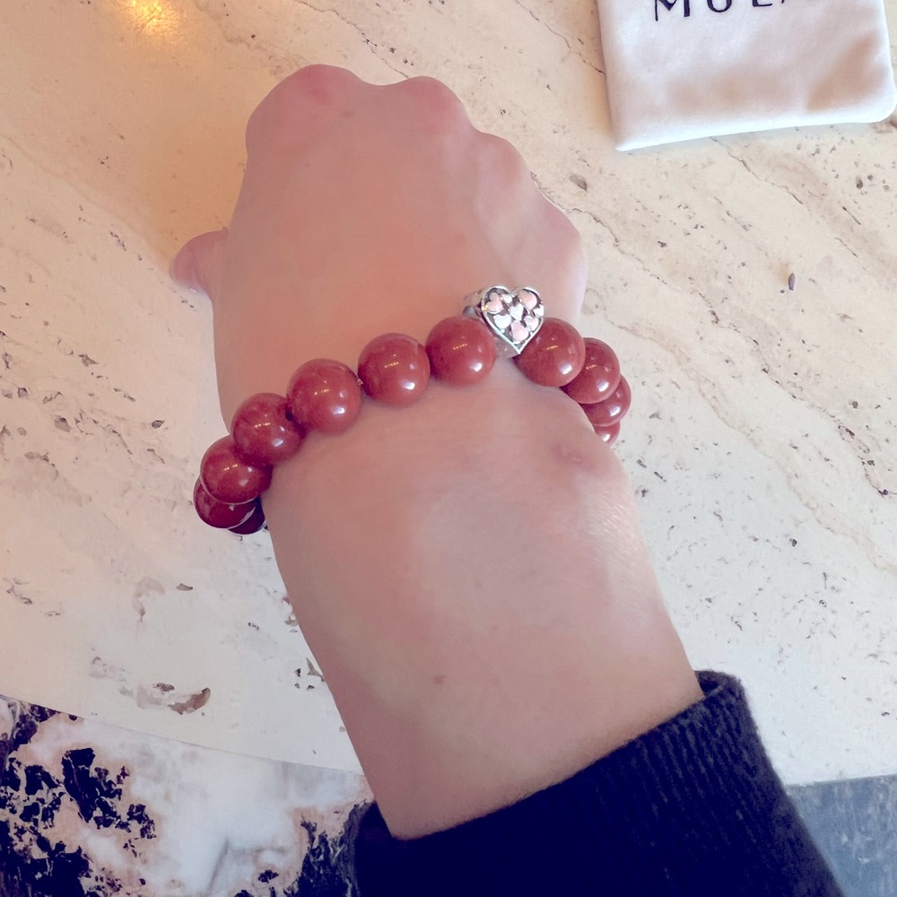 HANDMADE RED JASPER STRETCH BRACELET WITH STERLING SILVER HEART PENDANT - Picture 4 of 5